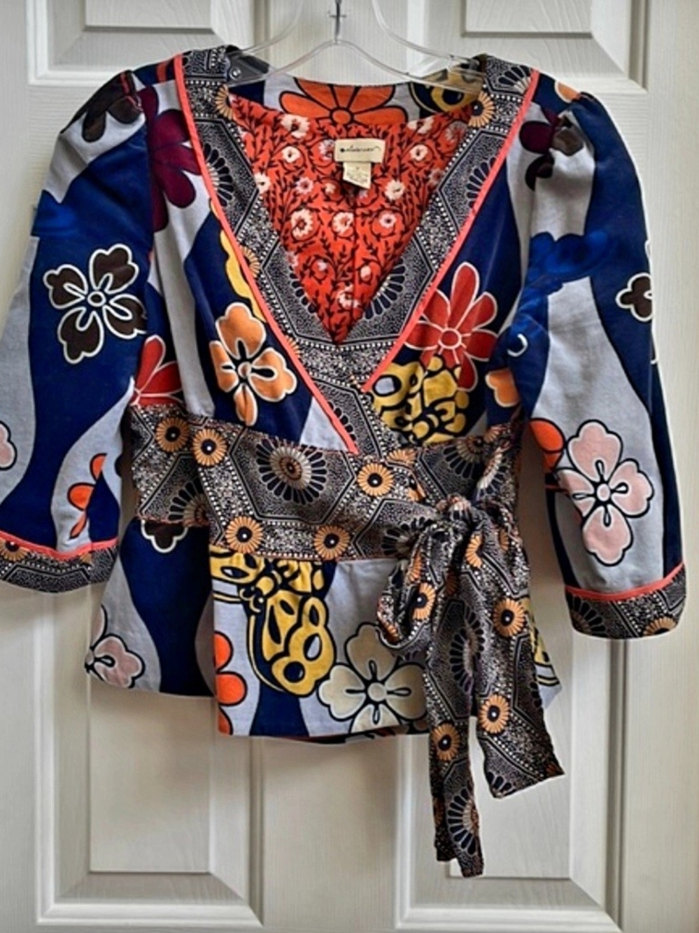 Anthropologie Elevenses Floral Wrap Jacket Tunic in Navy, Orange & Yellow